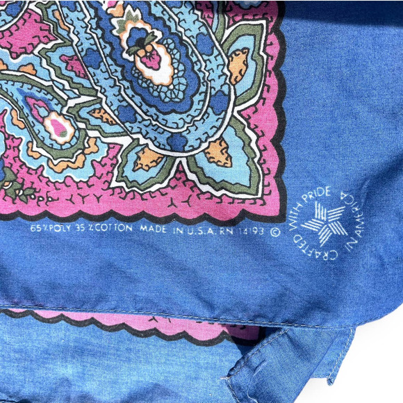 Vintage 30" Large Square PAISLEY BANDANA | Made in USA | Blue, Pink - Picture 3 of 6